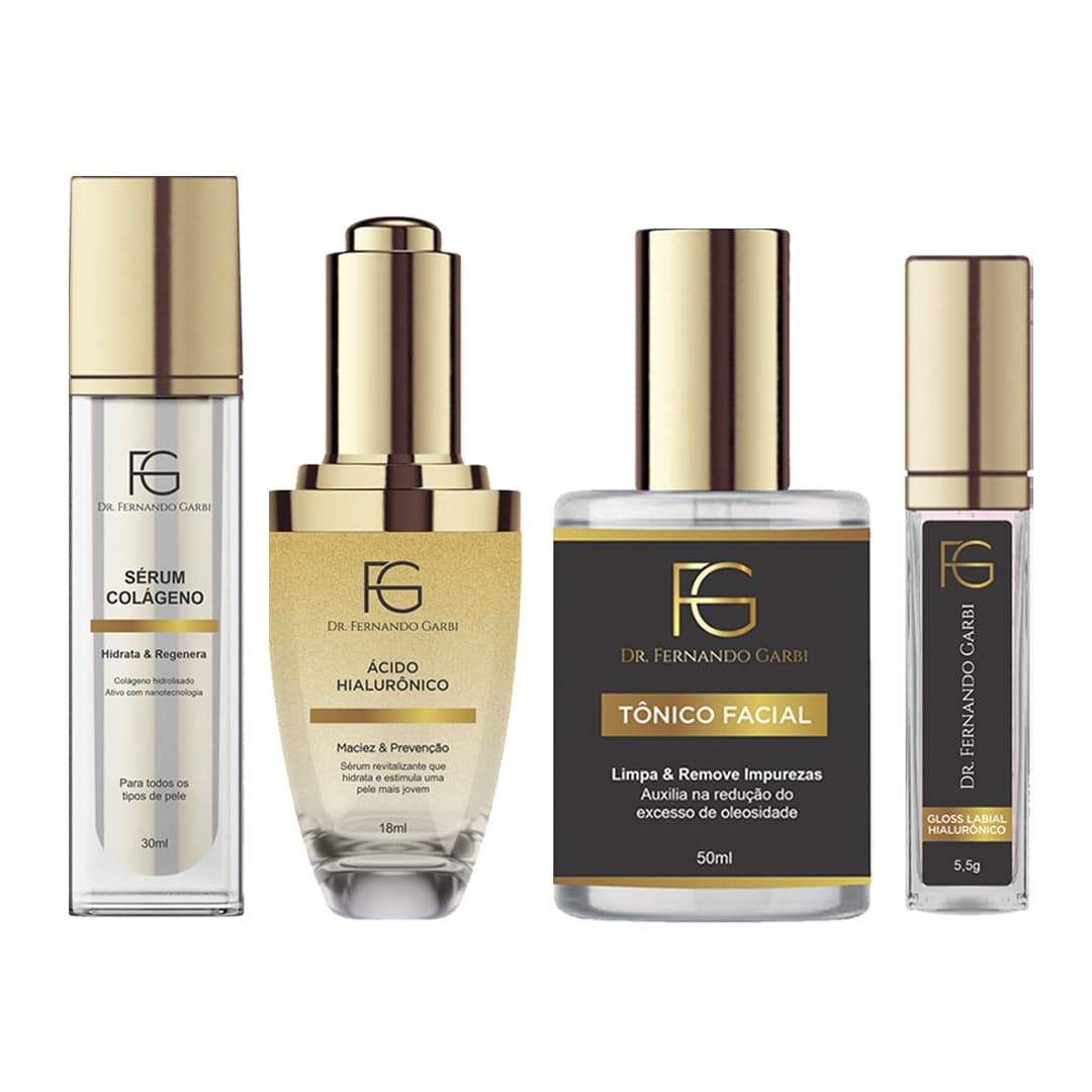 Kit completo Dr. Fernando Simionato Garbi — sérum colágeno, ácido hialurônico, tônico facial e gloss labial